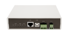 White LAN communication device with USB, data ports, and LED indicators for FoxSec systems