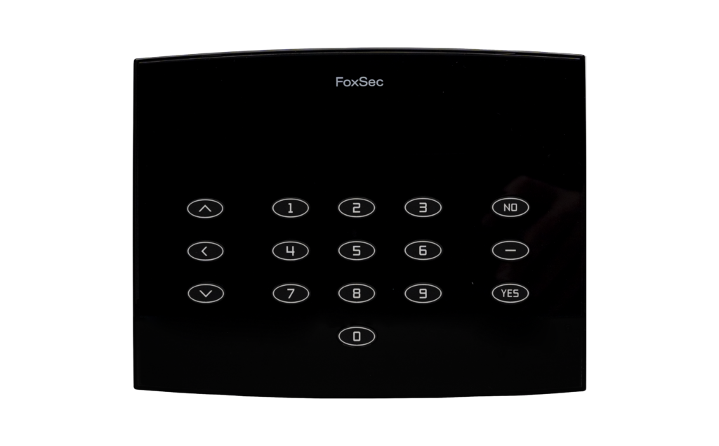 FoxSec black glass touchscreen keypad with modern design for alarm control