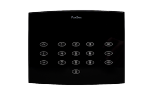 FoxSec black glass touchscreen keypad with modern design for alarm control