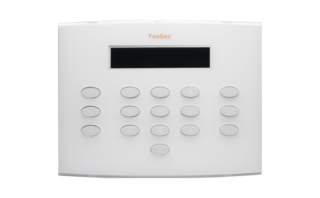 FoxSec white LCD keypad with numerical interface for security system contro