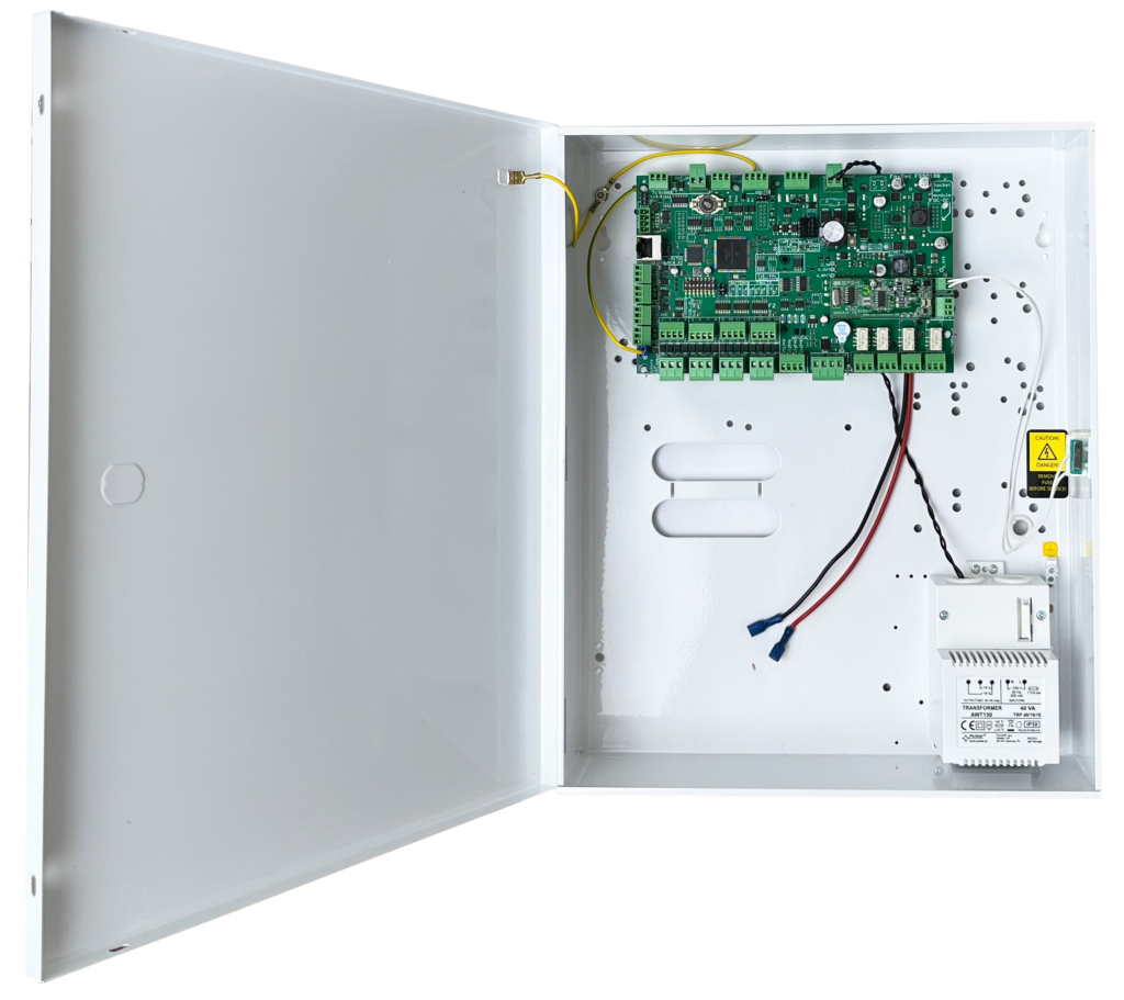 FoxSec FS9020 main control unit with power supply and circuit board in a white metal enclosure