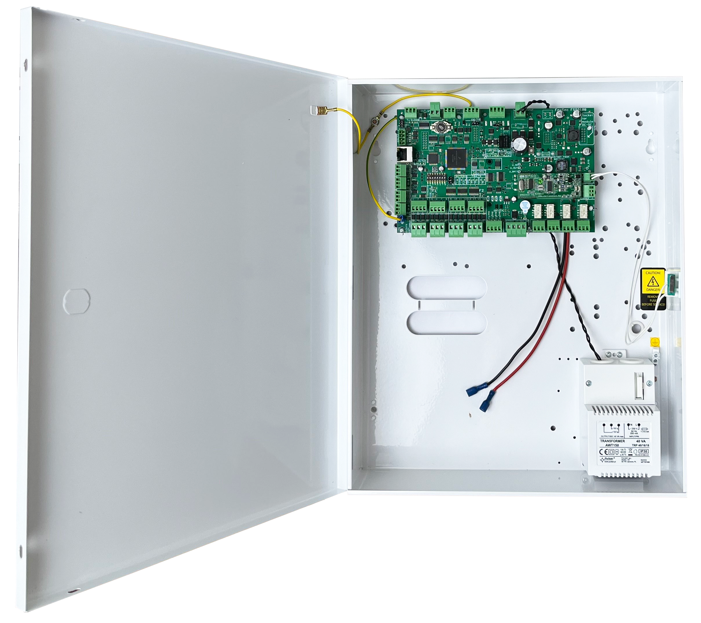 FoxSec FS9020 main control unit with power supply and circuit board in a white metal enclosure