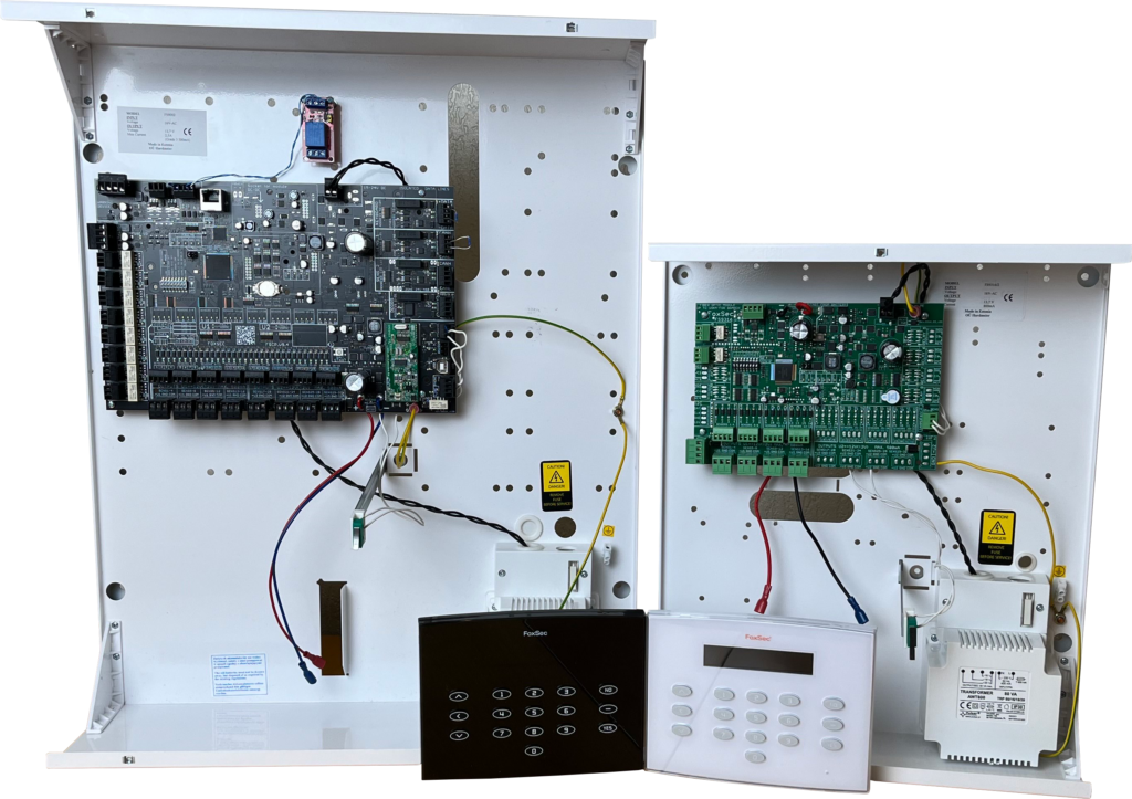 FoxSec PRO-series Grade 3 security system featuring control boards, power supplies, and access keypads in white enclosures