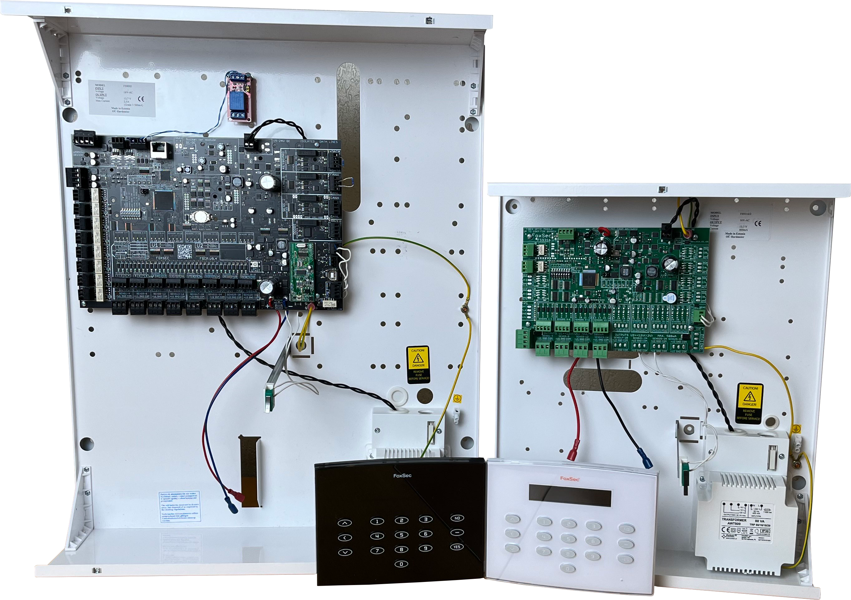 FoxSec PRO-series Grade 3 security system featuring control boards, power supplies, and access keypads in white enclosures